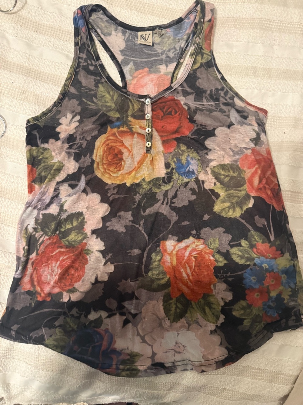 NV Nevada Floral Racerback Tank Top | Soft Stretch Sleeveless Button Detail